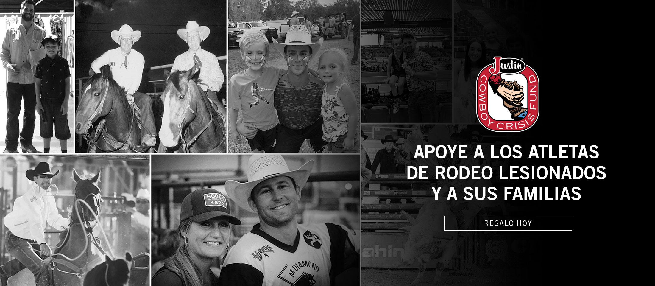 Apoye a los atletas de rodeo lesionados y a sus familias. Regalo Hoy. Collage con atletas de rodeo con el logo de la JCCF en el lado derecho. Haga su regalo en justincowboycrisisfund.org.